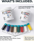 RocketGel 25 Minute Pro Grade Epoxy Countertop Repair Kit with epoxy jars and 8-color pigment set for granite quartz and tile.