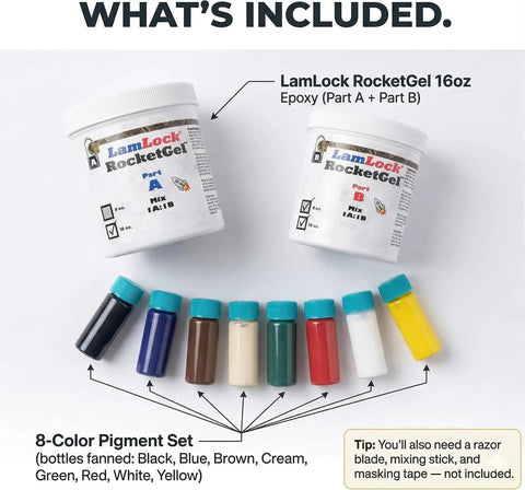 RocketGel 25 Minute Pro Grade Epoxy Countertop Repair Kit with epoxy jars and 8-color pigment set for granite quartz and tile.