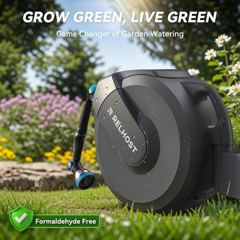 Retractable Garden Hose Reel Workhorse 1/2 Inch x 100 Ft, Wall Mount, Heavy Duty Auto Rewind in garden setting, dark grey