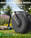 Retractable Garden Hose Reel With Auto Rewind And Lockable Length, 100 Ft Of 5/8 Inch Hose, shown in garden with nozzle