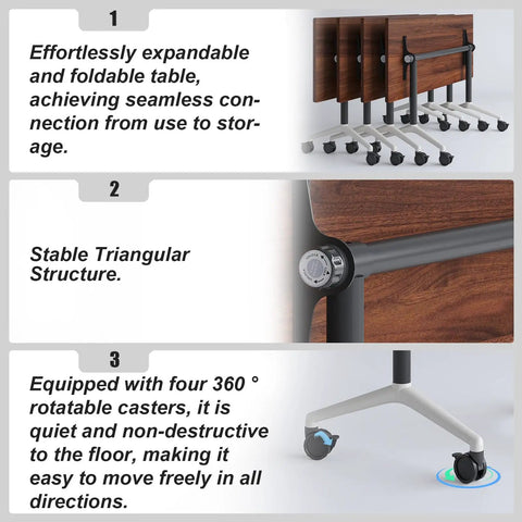 Hassle Free Adjustable Flip Up Folding Desk With Smooth Rollin Casters For Home Office Setup or Quick Training Sessions, showing caster wheels and stable structure.