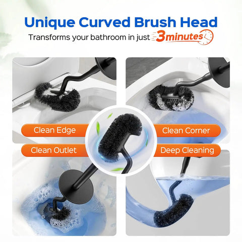 Premium 304 Stainless Steel Toilet Brush And Wall Mount Holder Set For Modern Bathrooms With A Rust Resistant Finish and curved brush head.