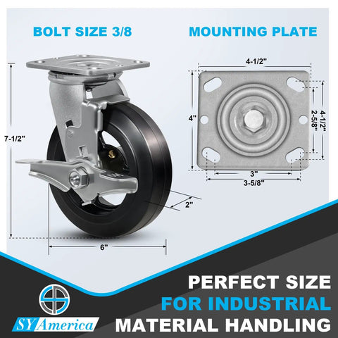 Tough As Nails Six By Two Inch Heavy Duty Caster Wheels With Thick Rubber Over Cast Iron For Dumpsters And Trash Carts side view with dimensions.