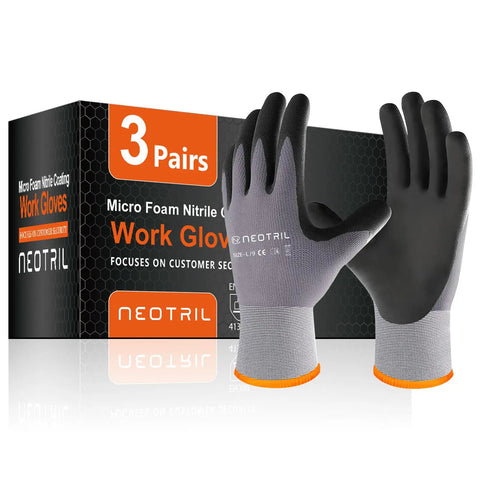 MicroFoam Nitrile Coated Work Gloves With Grippy Texture For Wet And Oily Conditions 3 Pack Bulk Seamless Knit Nylon Gray Large