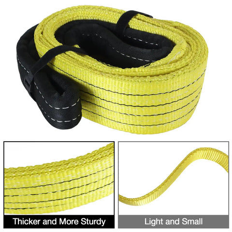 Bulldog Tough Rock Solid 4 Inch By 20 Foot 2 Ply Polyester Lifting Sling Strap Flat Eye Design 11200 Lbs Vertical Load Rating folded for easy storage.