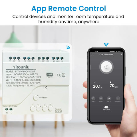 4 Channel 85-250V DC Tuya WiFi Smart Temperature And Humidity Relay Switch with app control on smartphone