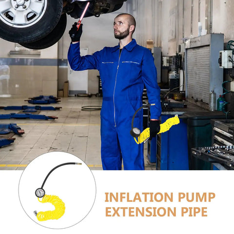 Top Tier Yellow PU Coil Air Hose With Quick Lock Connector For Air Compressor And Pneumatic Tools in use for tire inflation. 5m length.