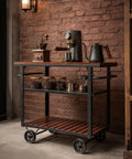Smooth Rolling Three Tier Bar Cart With Sturdy Handle And Mobile Kitchen Microwave Rolling Stand With Chic Industrial Beverage Serving Design In Rustic Brown Metal And Wood, displaying coffee equipment and jars.