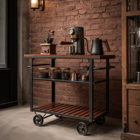 Smooth Rolling Three Tier Bar Cart With Sturdy Handle And Mobile Kitchen Microwave Rolling Stand With Chic Industrial Beverage Serving Design In Rustic Brown Metal And Wood, displaying coffee equipment and jars.
