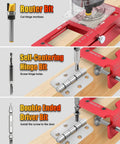 All In One Pro Door Hinge Jig And Lock Installation Kit with aluminum router template showing bits for hinge mortising and drilling.