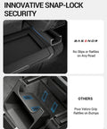Tesla Model Y Juniper Rear Center Console Organizer With TPE Dustproof Trash Can And Anti Slip Lid showing snap-lock security vs velcro grip