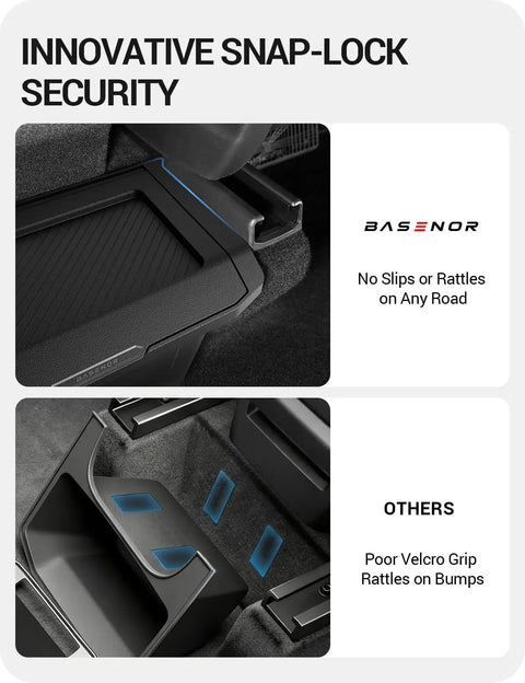 Tesla Model Y Juniper Rear Center Console Organizer With TPE Dustproof Trash Can And Anti Slip Lid showing snap-lock security vs velcro grip