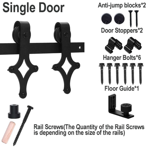 7 Ft Sliding Barn Door Hardware Kit with Floor Guide, showing anti-jump blocks, door stoppers, hanger bolts, and rail screws.