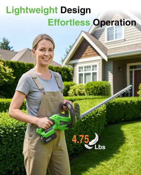 Person using 22 Inch Cordless Hedge Trimmer With Dual Action Blades Beefy 20V Power Two 4.0Ah Batteries in a garden