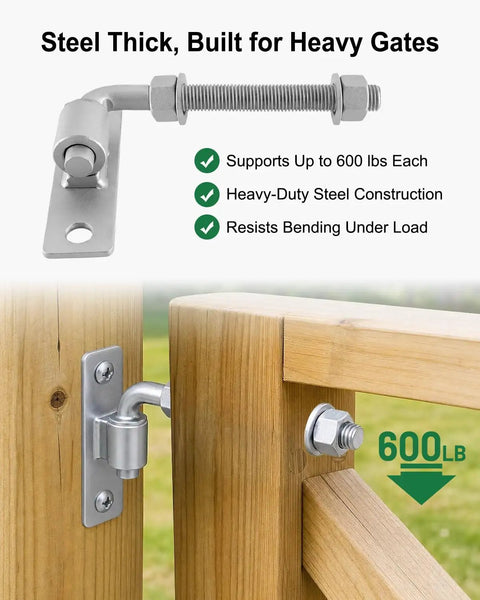 Four Pk Five Eighth Inch Heavy Duty J Bolt Gate Hinge Kit With Reinforced Mounting Plate Built Tough For Wood Yard Gates Quick Bolt Or Weld Install Swings Heavy Loads Without Breaking A Sweat, showcasing heavy-duty steel construction.