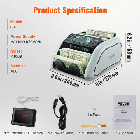 Hella Reliable Money Counter Machine With Legit Counterfeit Detection And Smooth Value Tracking Featuring Ultraviolet And Infrared Sensors Plus No Sweat Batch Sorting For Shop Bosses, showing specifications and bills.