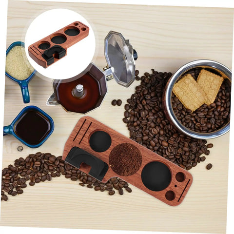 Sturdy Wooden Espresso Tamper Station Featuring Slick Portafilter Holder And Compact Coffee Organizer To Keep Your Kitchen Counter Looking Fresh And Totally Built For The Morning Rush, shown with coffee and tools.