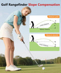 Golfer demonstrating range finder with slope compensation. Includes diagram of slope impact. Range Finder With Slope For Golf Up To 1200 Yards 6x Magnification Flag Lock Vibration Continuous Scan Rechargeable Battery Yardage You Can Trust Must Have Gear For Any Golfer