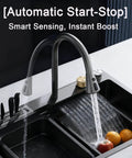 Water Pressure Booster Pump With 32 PSI 115V Automatic Variable Speed And CCS Low Flow Auto Start For Point Of Use Boosting For Home Use Shower Or Faucet installed on a kitchen sink.