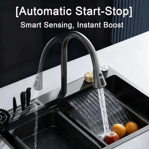 Water Pressure Booster Pump With 32 PSI 115V Automatic Variable Speed And CCS Low Flow Auto Start For Point Of Use Boosting For Home Use Shower Or Faucet installed on a kitchen sink.