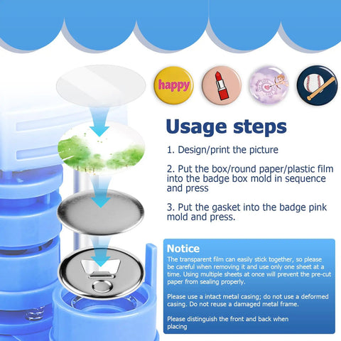 Usage steps for making 50 Sets 2.25 Inch Bottle Opener Button Badges With Magnetic Backing shown in diagram with examples.