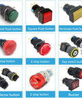 Various push buttons including round, square, rectangular, E-stop, key switch, selector, and buzzer for electronics projects.