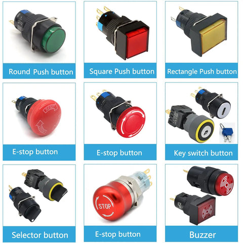 Various push buttons including round, square, rectangular, E-stop, key switch, selector, and buzzer for electronics projects.