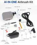 All In One Pro Grade Airbrush Kit With Compressor For Painting Nails Modeling Makeup And Cake Decorating, accessories displayed