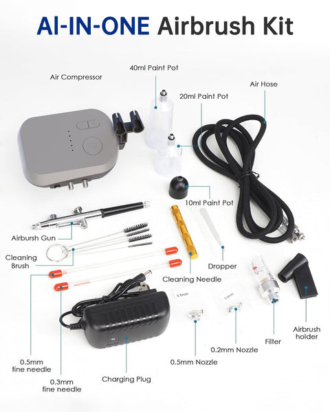 All In One Pro Grade Airbrush Kit With Compressor For Painting Nails Modeling Makeup And Cake Decorating, accessories displayed