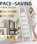 Six Step Ladder With Wide Pedal For Reaching 12 Foot Ceilings, Tall Step Stool For Ceiling Fans And Closet Organization, No Slip Treads, Heavy Duty Home Maintenance Ladder. Folded slim white aluminum ladder, 2.1 in storage.