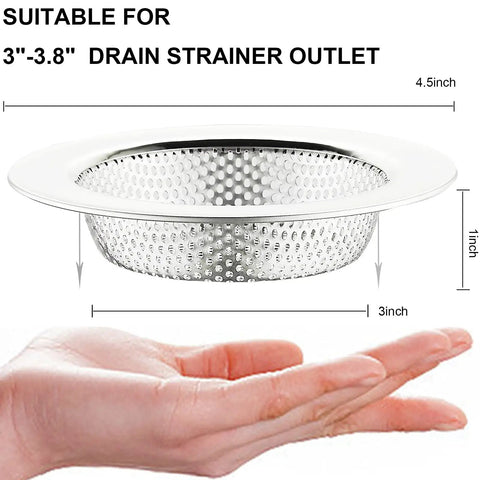 Premium Two Pack Stainless Steel Kitchen Sink Strainers With Wide Four Point Five Inch Rim measuring 1 inch deep and 3 inches wide.