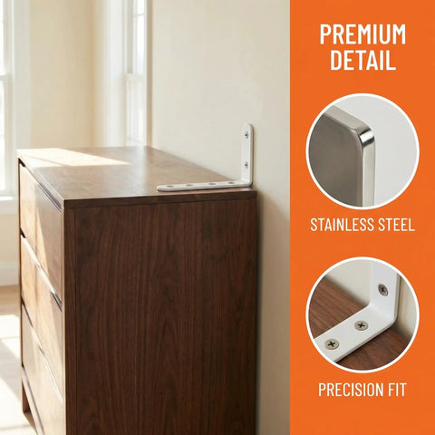 Close-up of Heavy Duty Furniture Wall Anchors Rock Solid Baby Proofing Kit on dresser corner, stainless steel material.
