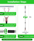 Installation steps for 15 Inch Lawn Dethatcher Rake with Steel Handle, showing assembly of heavy duty thatch remover and dimensions.