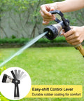 Heavy Duty Fireman Style Hose Nozzle With 8 Spray Patterns Metal Water Nozzle in use, showing high pressure spray on garden