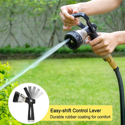 Heavy Duty Fireman Style Hose Nozzle With 8 Spray Patterns Metal Water Nozzle in use, showing high pressure spray on garden