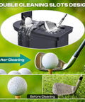 Heavy Duty Golf Cart Ball Washer And Club Head Cleaner Kit Rear Mount showing double cleaning slots and golf balls before and after cleaning.