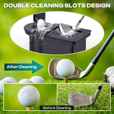 Heavy Duty Golf Cart Ball Washer And Club Head Cleaner Kit Rear Mount showing double cleaning slots and golf balls before and after cleaning.