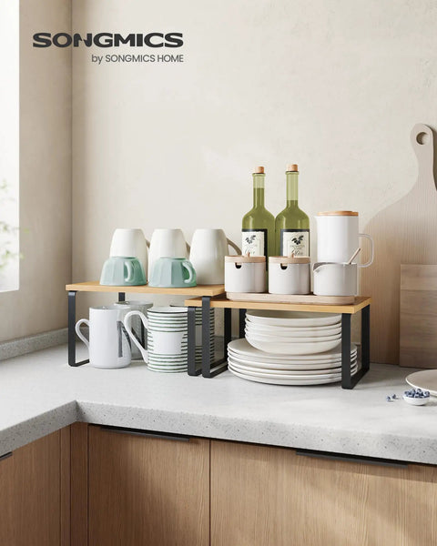 No Sweat Set Of Two Cabinet Organizer Shelves That Serve As A Slick Kitchen Spice Rack And Countertop Pantry Station With Duh Easy Setup and Heavy Duty Build for displaying dishes and kitchenware.
