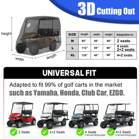 All Weather Golf Cart Cover For 2 Or 4 Passengers Fits EZGO Club Car Yamaha 420D Waterproof Windproof Sunproof Outdoor Full Cover size chart