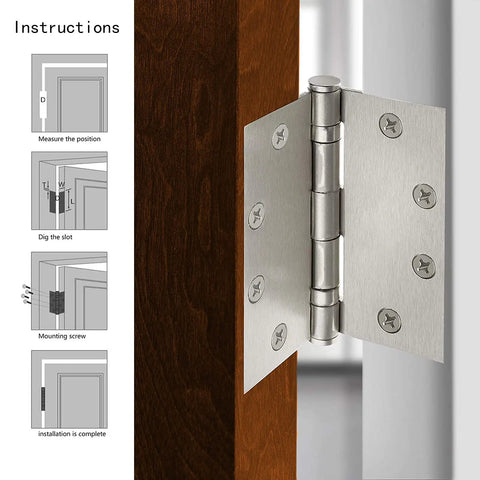 Six Pack 4.5 Inch By 4.5 Inch Heavy Duty Stainless Steel Door Hinges With Ball Bearing, mounted on wooden door.