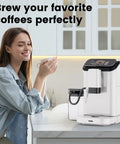 Premium Fully Automatic Coffee Maker Built For Your Daily Grind Features Smart App Control and Intuitive Touchpad with woman enjoying coffee.