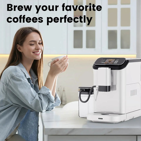 Premium Fully Automatic Coffee Maker Built For Your Daily Grind Features Smart App Control and Intuitive Touchpad with woman enjoying coffee.