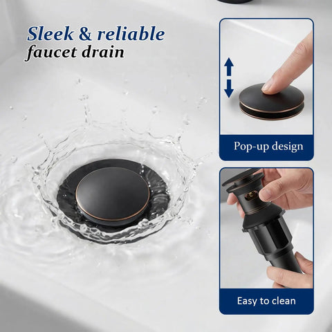 Oil Rubbed Bronze Bathroom Sink Faucet 1 Hole Single Handle Waterfall Faucet No Fuss With Pop Up Drain And Hoses Lead Free Vanity Faucet For Home Or Commercial Use Solid Brass Construction, highlighting pop-up drain feature