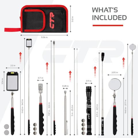 Telescoping Magnetic Pickup Tool Kit With Super Bright COB LED Square Inspection Mirror And Flexible Magnet Flashlight showing all 5 pieces