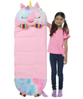 Girl holding Rainbow Unicorn 2-In-1 Pillow and Sleep Sack, Cozy Nap Buddy for Travel and Sleepovers, Lightweight 54x20 Play Pillow