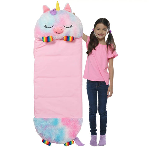 Girl holding Rainbow Unicorn 2-In-1 Pillow and Sleep Sack, Cozy Nap Buddy for Travel and Sleepovers, Lightweight 54x20 Play Pillow