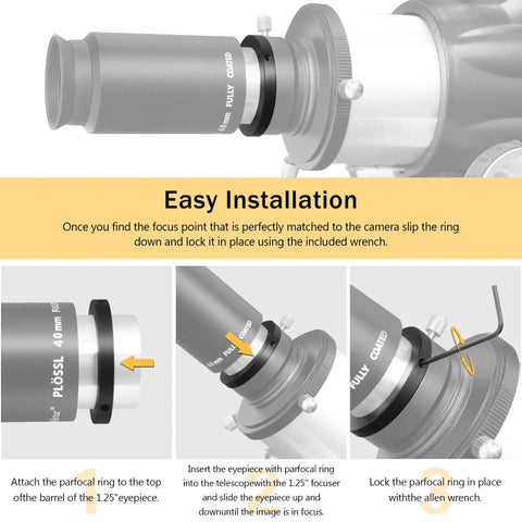 Easy installation of 1.25 Inch Telescope Eyepiece Parfocal Rings Set Of Three For No Fuss Quick Eyepiece Swapping And Effortless