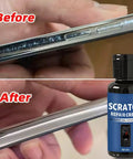 Before and after using Advanced Scratch Repair Cream For Glass Phone Screens And Other Devices 30G Repair Set, showing scratch removal.