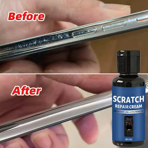 Before and after using Advanced Scratch Repair Cream For Glass Phone Screens And Other Devices 30G Repair Set, showing scratch removal.