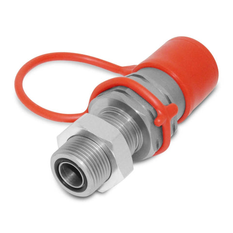 Summit Hydraulics flat-face hydraulic quick-connect coupler, 5/8 ORFS bulkhead skid-steer mount, red cap